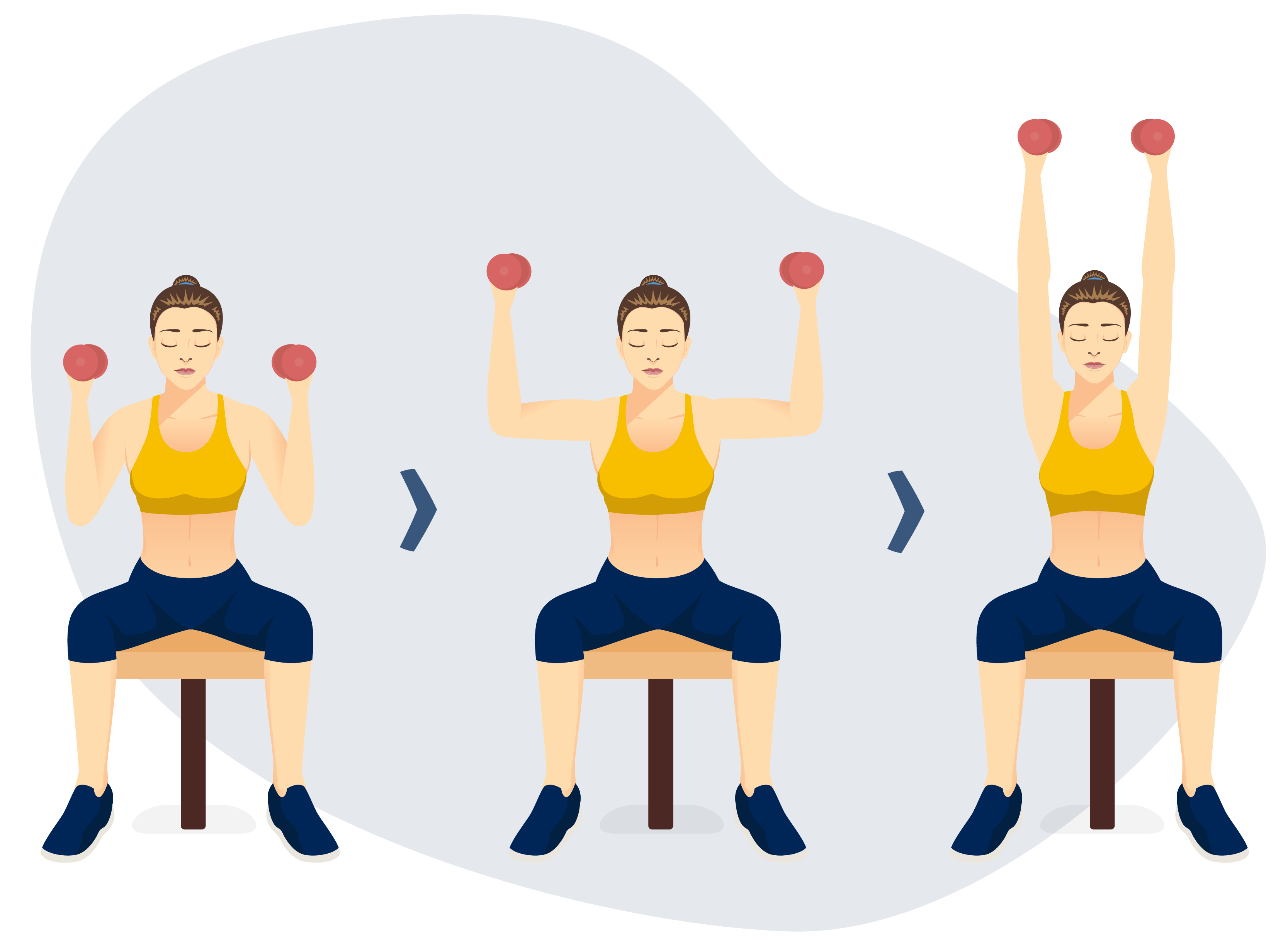 Shoulder press exercise – person is seated on chair with arms bent and thumbs resting on shoulders. Person presses arms straight up. Person lower arms down with control and repeats.