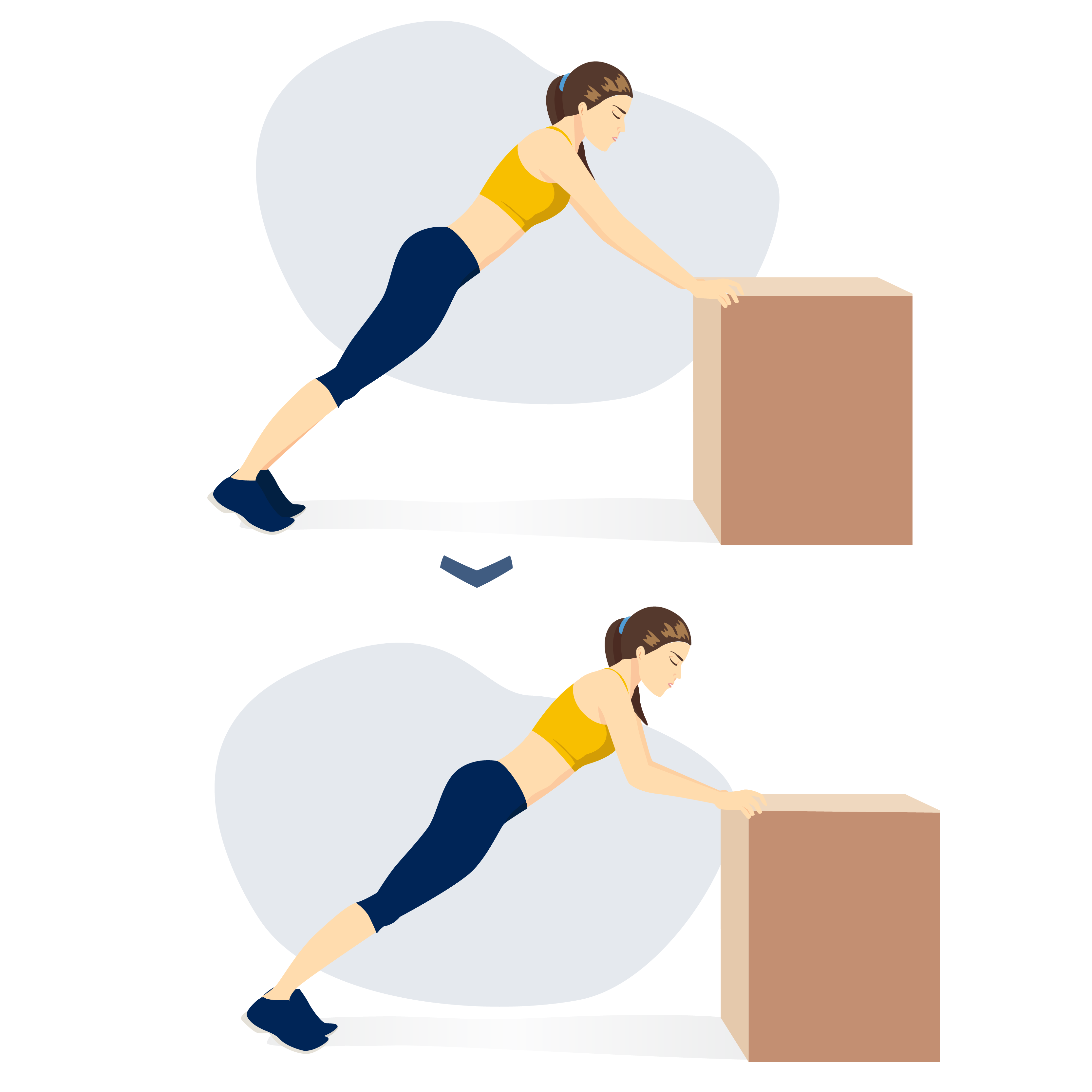 Countertop push-up exercise – Person starts with hands slightly wider than chest on a countertop and body in a straight line. Person lowers chest by bending elbows. Person pushes body back to starting position with straight arms.