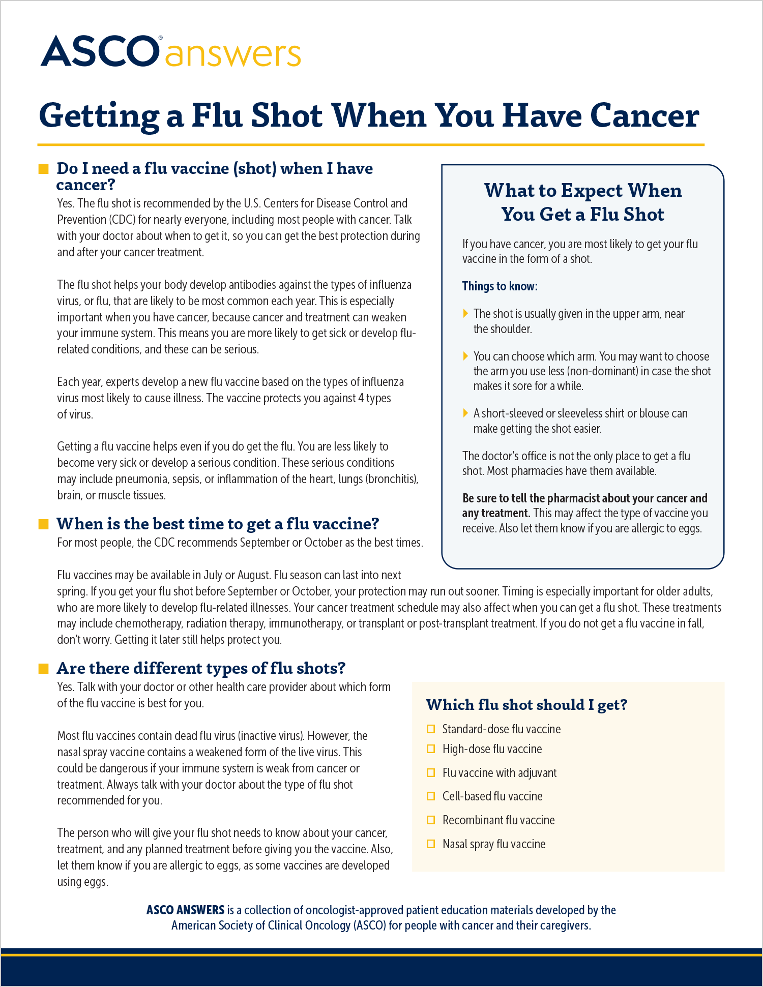 Getting a Flu Shot When You Have Cancer fact sheet